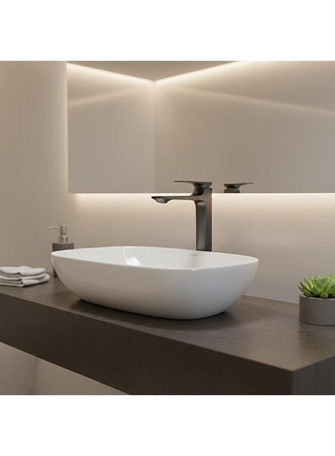 Tall square grey sink mixer with patterned handle and hoses - Image 1